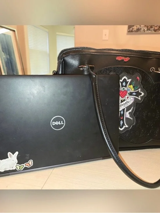 Ed Hardy Black Embossed Rhinestone Cross Satchel Shoulder Bag Vegan Leather NWT - Picture 8 of 9